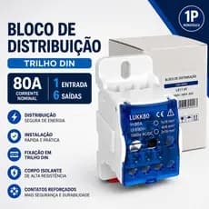 Bloco Distribuição Trilho DIN 80A 1 Entrada 6 Saídas Lukma Borne Distribuição