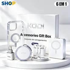 Kit 6 em 1 para iPhone | Carregador Indução MagSafe + Cabo + Fone Bluetooth + Carregador Portátil P2
