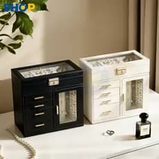 Porta-jóias em couro com 3 camadas para organizar relógio, anéis e brincos-Q21
