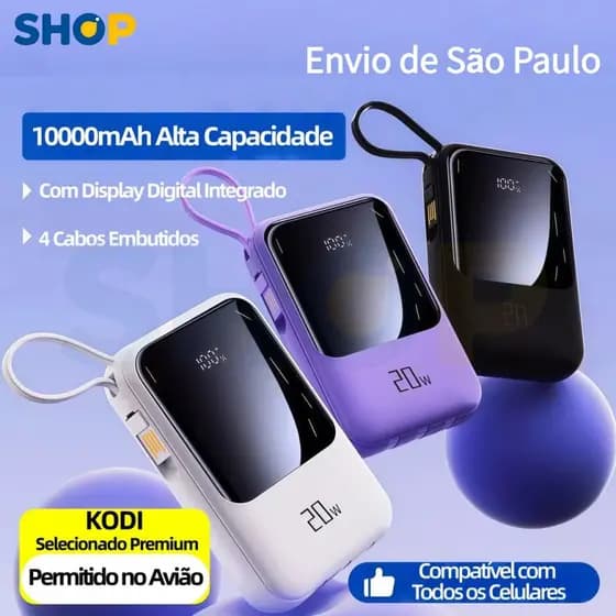 Power Bank Mini com Cabo Integrado, Carregamento Rápido 20W, Alta Capacidade - A6