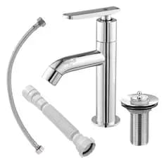Kit Banheiro Torneira Moderna Alta + Valvula + Sifao + Engate Inox 60 Cor Prateado Completo