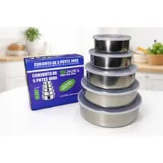 Kit 5 Tigelas Inox Com Tampa Potes Redondos CUPOM LOJÃO