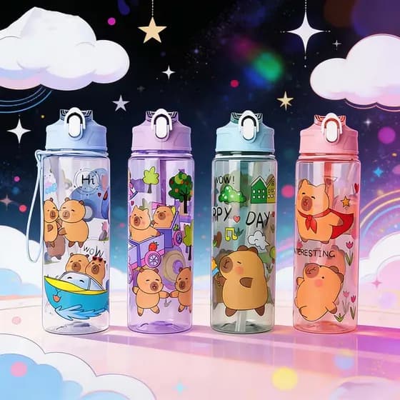 Garrafa de Água Capivara Infantil 750ml | Fofa e Transparente | 4 Cores | Ideal para Escola e Dia a Dia