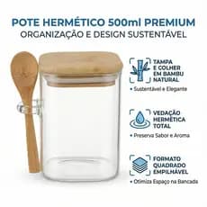 Pote Hermético Vidro 500ML Colher e Tampa de Bambu Premium