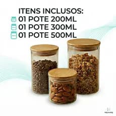 Kit 03 Pote Hermético para Alimentos Açúcar Temperos Gãos 200ml 300ml 500ml