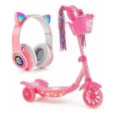Patinete Princesa Sereia Patinete 3 Rodinhas Patinete Luz Led E Som + Fone Gatinho Rosa Bluetooth