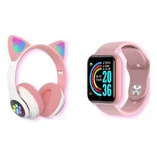 Fone De Ouvido Fone Gatinho Led Bluetooth + Relógio Smartwatch Unissex Fone Gamer sem fio
