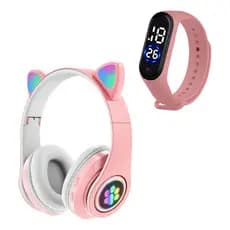 Fone Ouvido Fone Gatinho Fone Bluetooth Crianças + Relógio Led Sport Fone Gamer Fone sem Fio Com Led