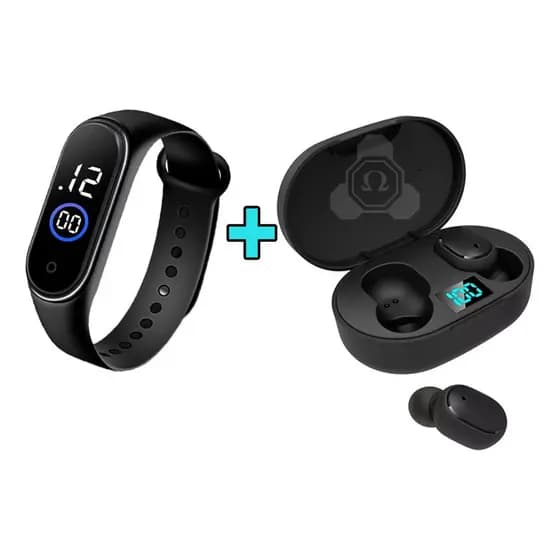 Fone De Ouvido Bluetooth Sem Fio + Relógio Digital De Brinde Preto