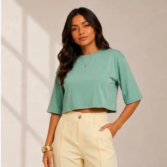 Cropped Viscolycra Feminino Oversized Manga Curta Tecido Leve Premium