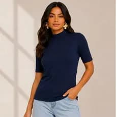 Blusa Feminina Viscolycra Gola Alta Manga Curta Básica Tendência