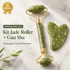 Kit Rolo Pedra De Jade Com Placa Guasha Facial Cor Verde Massagem Facial Anti Rugas Rolinho