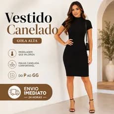 Vestido Canelado Feminino Gola Alta Tubinho Midi Manga Curta Casual Justo Canelado P ao GG |3102| Pronta Entrega