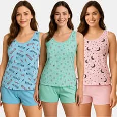 Conjunto Pijama Baby Doll Regata Alça Larga Short Doll Feminino  - Confortável, Estampado , Sem bojo