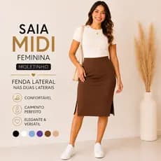 Saia Midi Feminina Moletinho Cintura Alta Com Fenda Lateral Elegante Casual |4086| Pronta Entrega