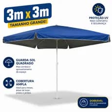 Guarda Sol Gigante 3X3M Quadrado 3M Aberto Reforçado Contra Uv Para Praia 3X3
