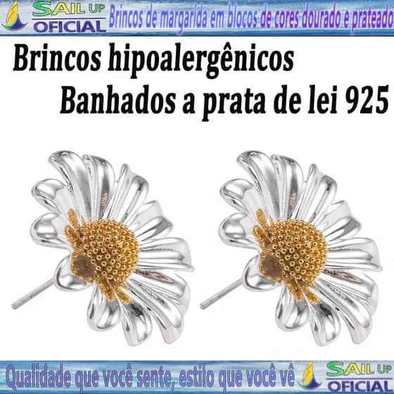 Brincos Feminino/masculino Banho Prata 925 Um Par Com Bolsa Brincos De Margarida Em Blocos De Cores Dourado E Prateado