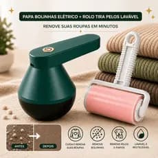 Kit Papa Bolinhas Elétrico Recarregável + Rolo Tira Pelos Lavável Removedor de Pelos e Fiapos