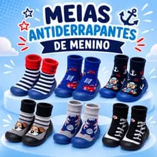 Meia com Sola Emborrachada Antiderrapante Bebê Menino Calce Fácil Confortável Macia Leve Cano Alto