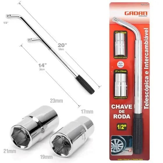 Chave de Roda em L Telescópica 17, 19, 21 e 23mm Extensível Alta Resistência Automotiva