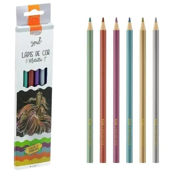 Lápis de Cor Sextavado 6 Cores Metálico Madeira Escolar