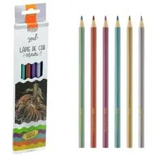 Lápis de Cor Sextavado 6 Cores Metálico Madeira Escolar