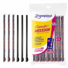 Canudo Mexedor Colher Preto e Branco Sache Para Drink Suco Coquetel Caipirinha Festa - Strawplast