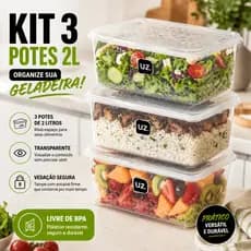Kit 3 potes 2l multiuso transparente com tampa bpa free jogo plastico premium uz marmita porta fruta