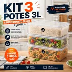 Kit 3 Pote Multiuso 3L Com Tampa Plástico Transparente Organizador 3 Peças UZ Marmita Porta Fruta