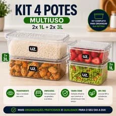 Kit 4 Potes Multiuso (2 de 1L + 2 de 3L)  Plastico Com Tampa Marmita Porta Frutas Geladeira Moderno