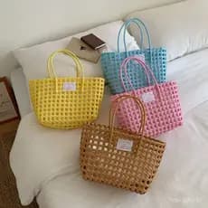 Bolsa Tecida Artesanalmente Estilo Dopamina de Verão, Bolsa de Mão Tipo Cesta, Bolsa de Presente, Bolsa de Praia de Alto
