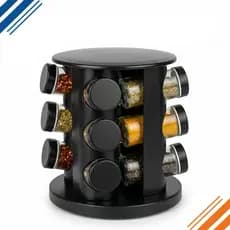 Porta Condimentos 12 Potes de Vidro Preto Giratório 360 Graus Tampa Dosadora Temperos