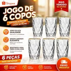 Jogo 6 Copo de Vidro 370ml alto Borda dourada