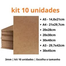 Madeira de Qualidade Kit 10 Placas MDF Cru Multiuso para Quadros Decorativos e Fotos -A3 A4 A5 20x30 30x40 30x45 VEN2