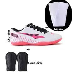 chuteira futsal new fiber original sola colada e costurada+caneleira+meiao de brinde