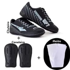 Chuteira futsal lançamento new fiber +meiao + caneleira de brinde