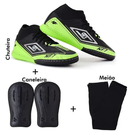 Chuteira futsal Newfiber cano medio calçe facil meinha kit completo chuteira caneleira e meiao