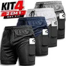 KIT 4 Shorts 2 em 1 Masculino Dry Fit Academia Corrida Fitness Compressão Bolso Celular Musculação