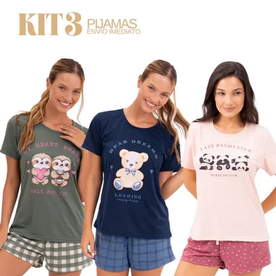 Kit 3 Pijamas Femininos de Verão Leves Macios Confortáveis P ao GG
