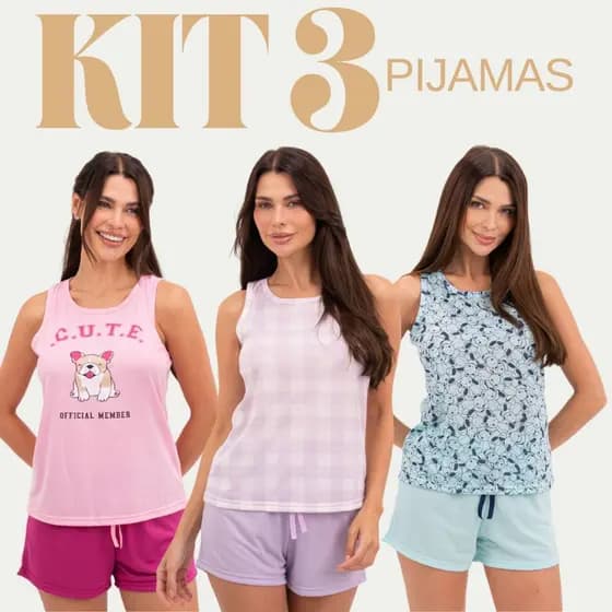 Kit 3 Pijamas Femininos de Verão Leves Macios Confortáveis Dormir P ao GG