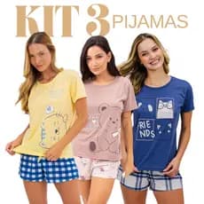 Kit 3 Conjuntos Pijama Feminino Verão Blusa Shorts Malha Leve Promoção