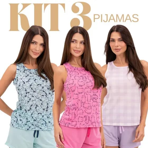 Kit 3 Pijamas Femininos Regata de Verão Sortidos Leves Macios Confortáveis P ao GG