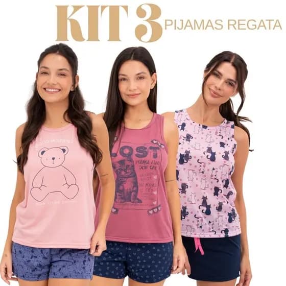 Kit 3 Pijamas Femininos Regata de Verão Leves Macios Confortáveis Frescos Dormir P ao GG