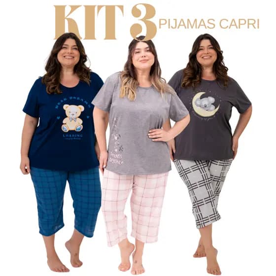 Kit 3 Pijamas Femininos Capri Plus Size de Verão Leves Macios Confortáveis Dormir G1 ao G3