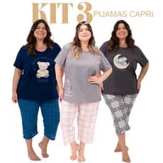 Kit 3 Pijamas Femininos Capri Plus Size de Verão Leves Macios Confortáveis Dormir G1 ao G3