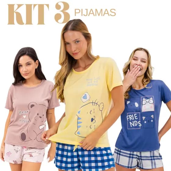 Kit 3 Conjunto Pijama Curto Feminino Leve Fresquinho Estampado