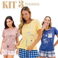 Kit 3 Conjunto Pijama Curto Feminino Leve Fresquinho Estampado