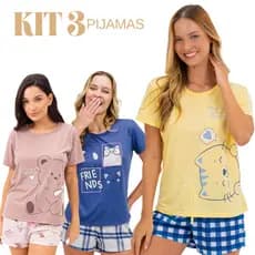 Kit Conjunto 3 Pijamas Verão Estampado Macio Roupa De Dormir