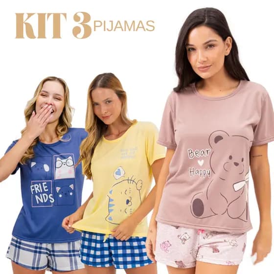 Pijama Feminino Premium Confortável 3 Conjuntos Curto Verão Até GG