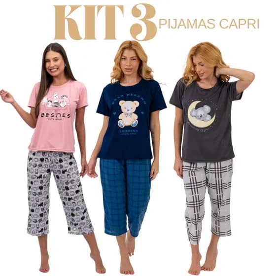 Kit 3 Pijamas Femininos Capri de Verão Leves Macios Confortáveis Dormir P ao GG
